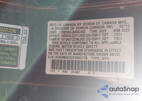 2015 Honda Cr-V Ex z USA, uszkodzony, nr VIN 2HKRM3H52FH532178